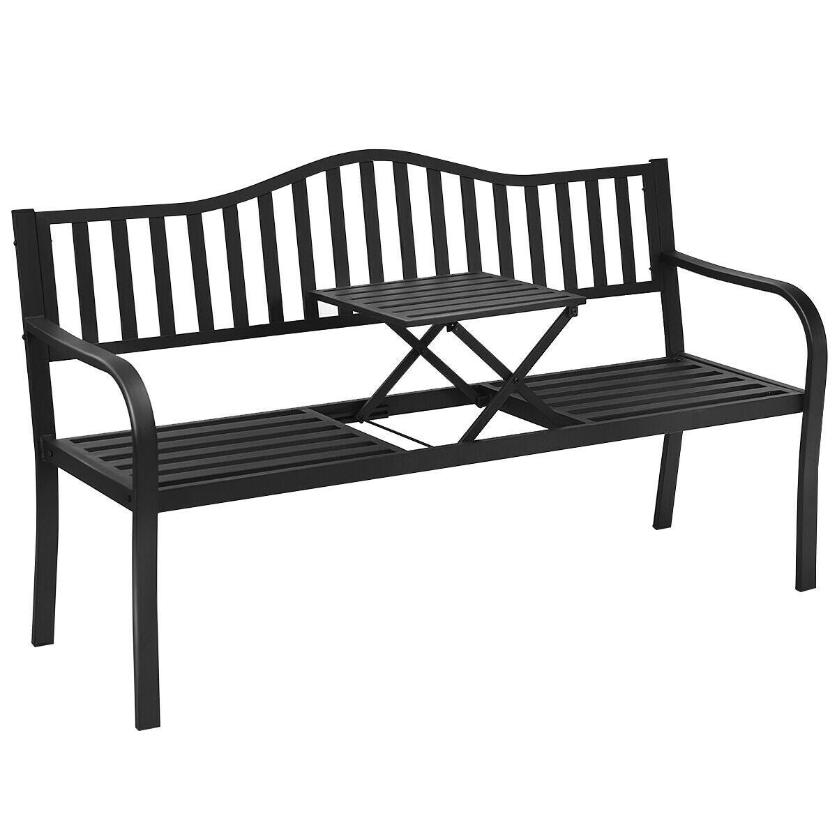 Outdoor Garden Bench with Adjustable Center Table - Steel Frame