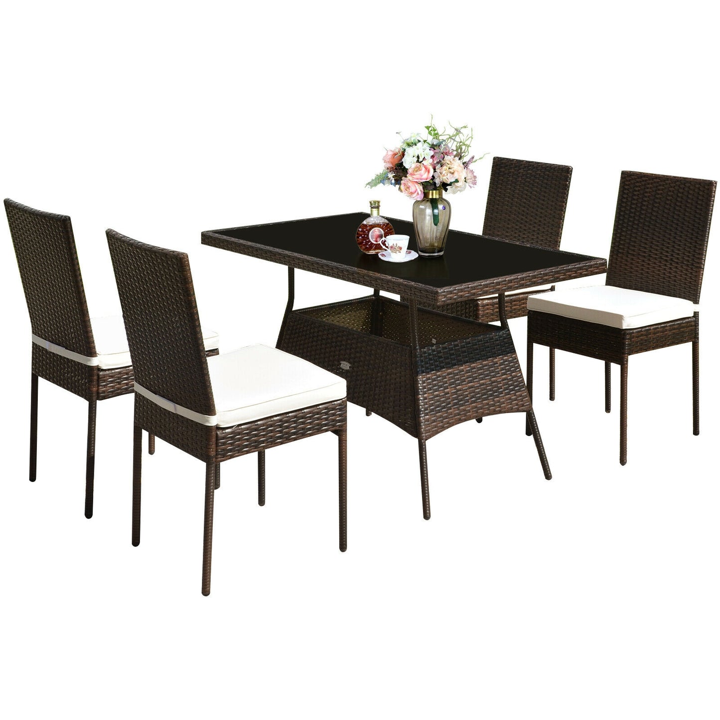 5-Piece Rattan Patio Dining Set with Glass Table & Cushions