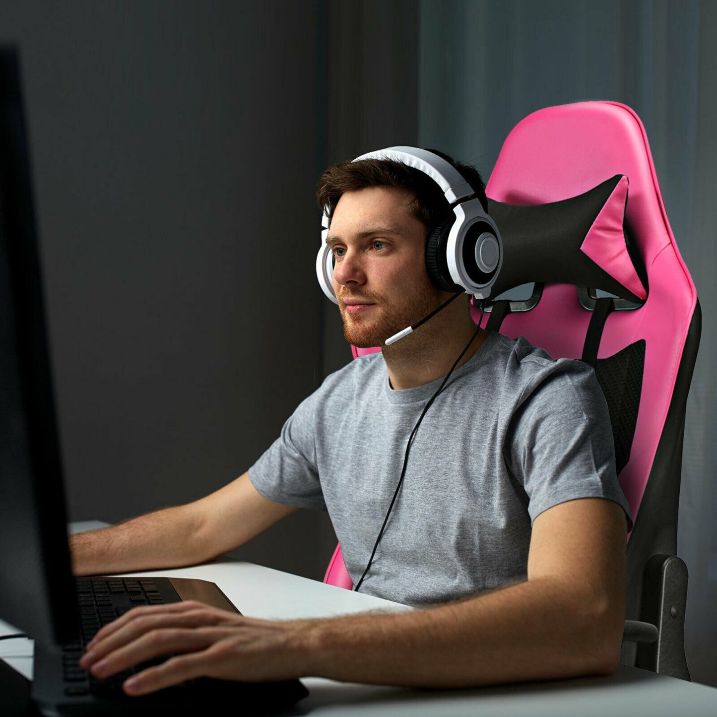 Gaming Chair with USB Massage Lumbar Support and Footrest