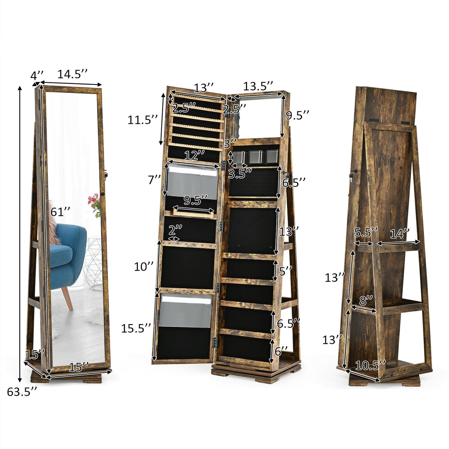 Jewelry Armoire with Full-Length Mirror and 360° Rotation
