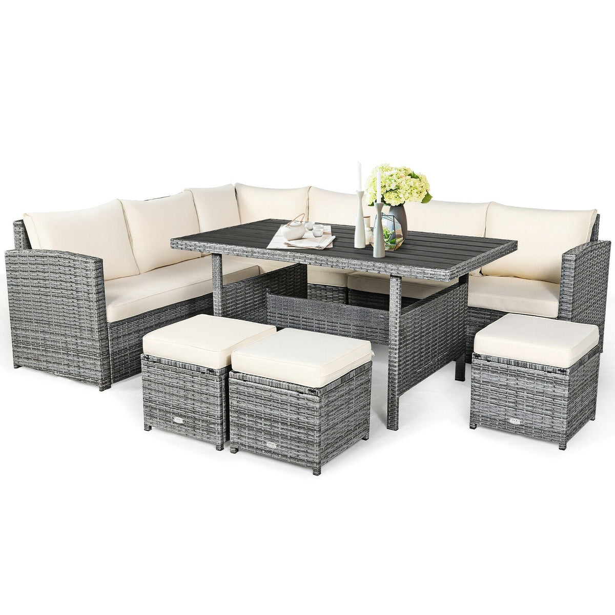 7 Pieces Patio Rattan Dining Furniture Sectional Sofa Set with Wicker Ottoman