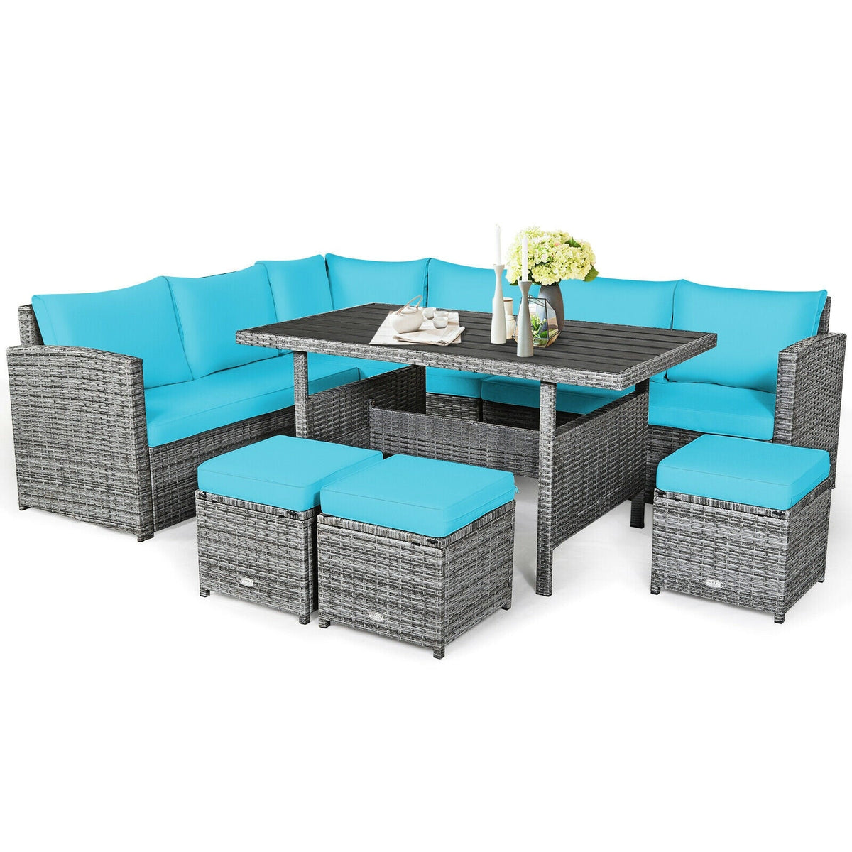 7 Pieces Patio Rattan Dining Furniture Sectional Sofa Set with Wicker Ottoman