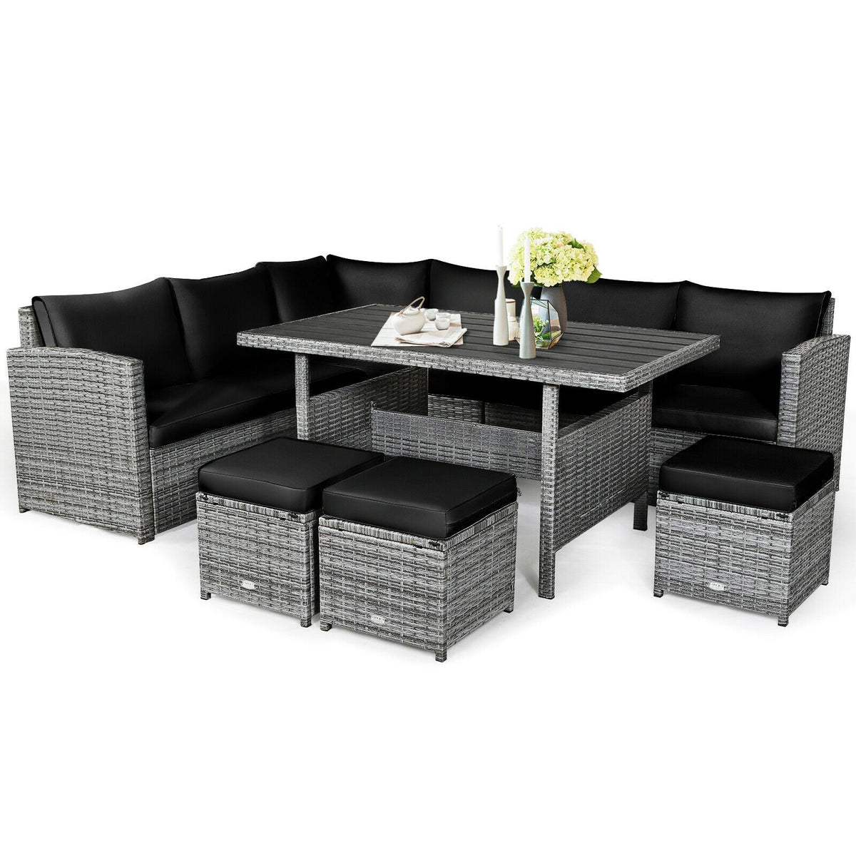 7 Pieces Patio Rattan Dining Furniture Sectional Sofa Set with Wicker Ottoman