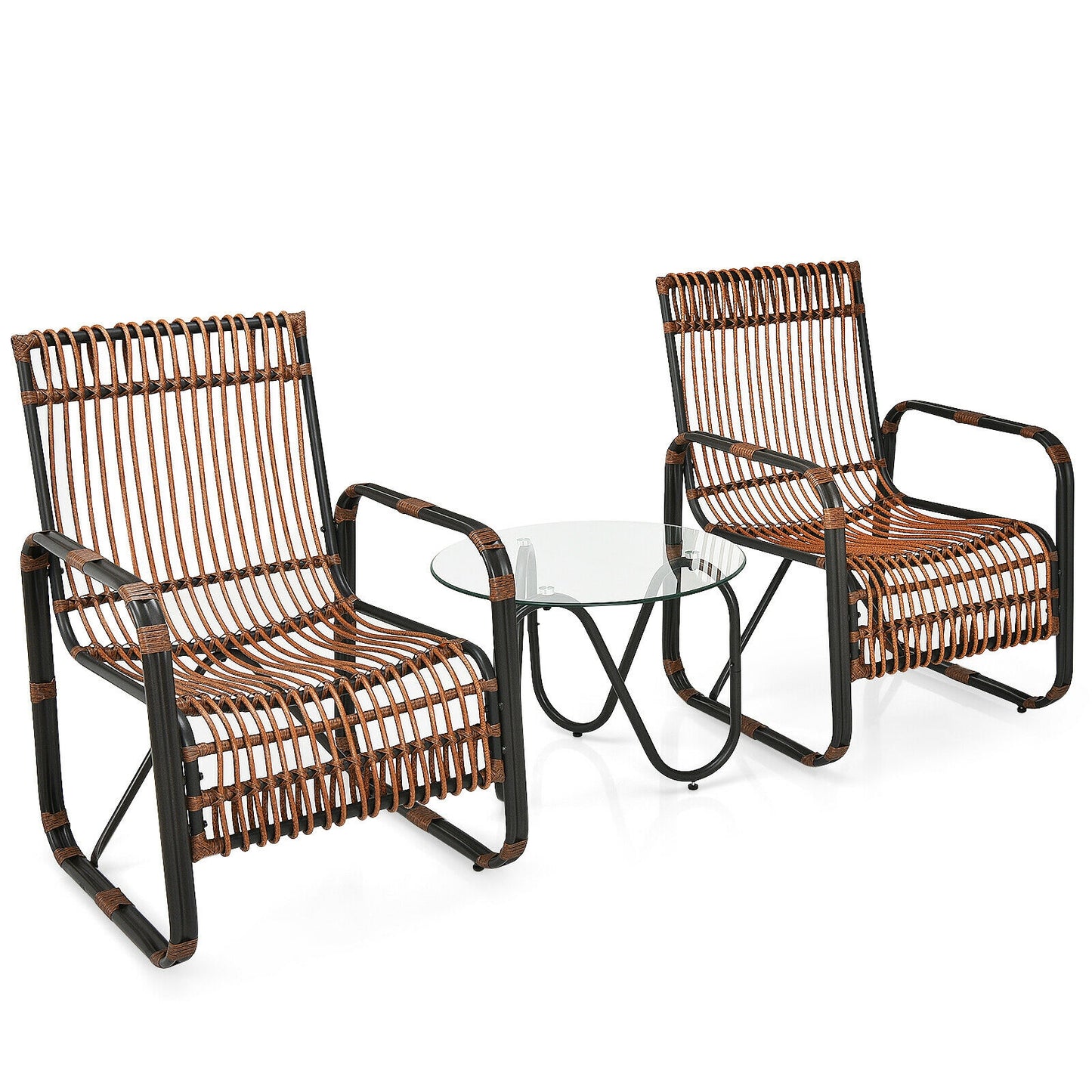 3-Piece Patio Conversation Set with Wicker Chairs & Glass Table