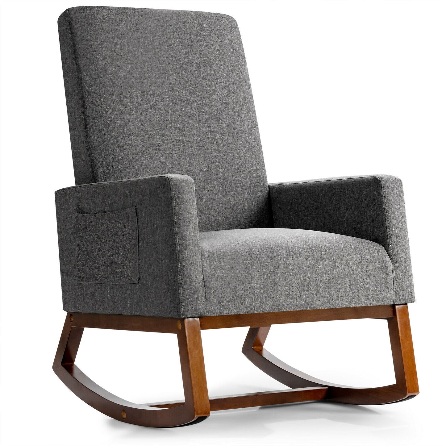 Upholstered Rocking Chair with Side Pocket and High Back