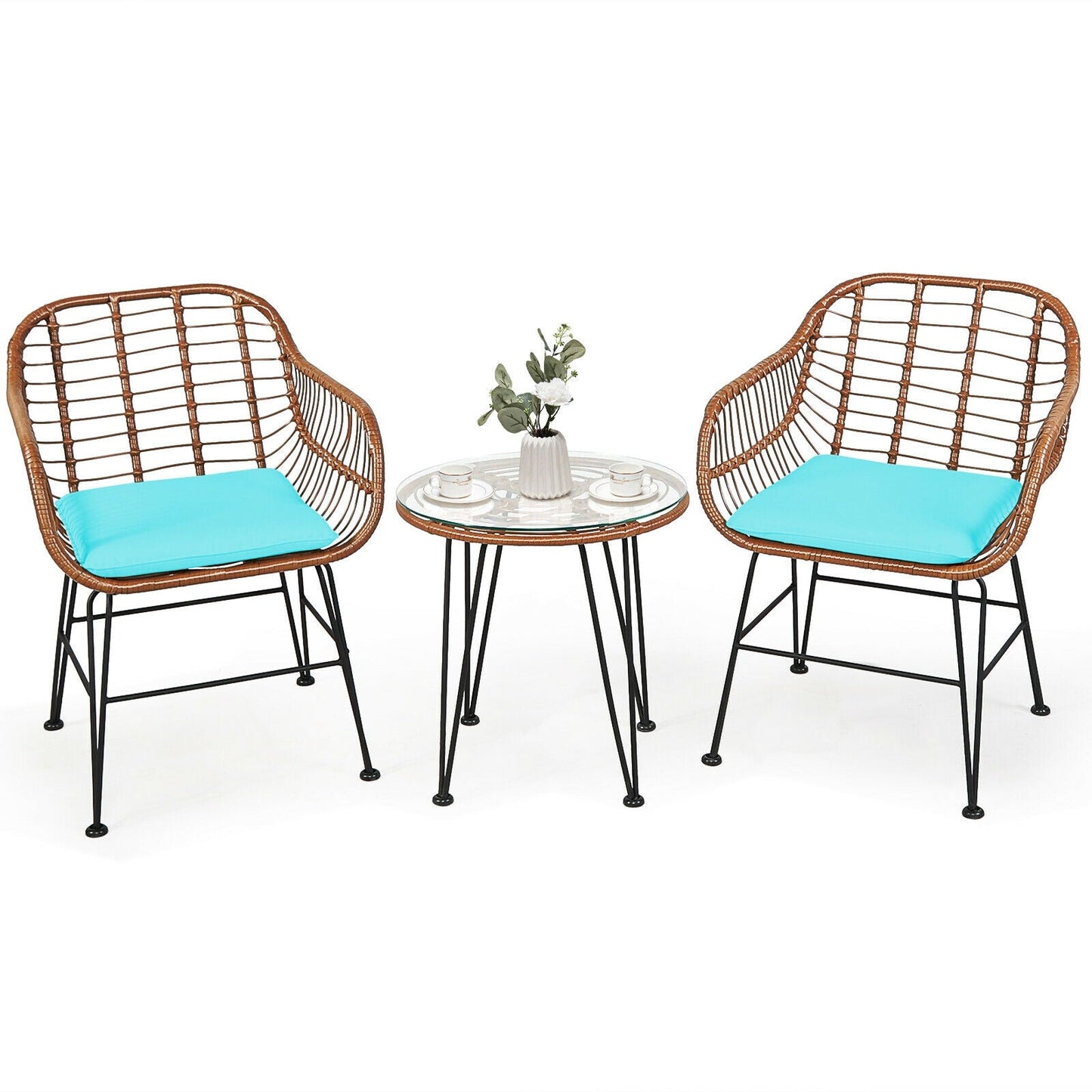 3-Piece Rattan Bistro Set with Cushions and Glass Table
