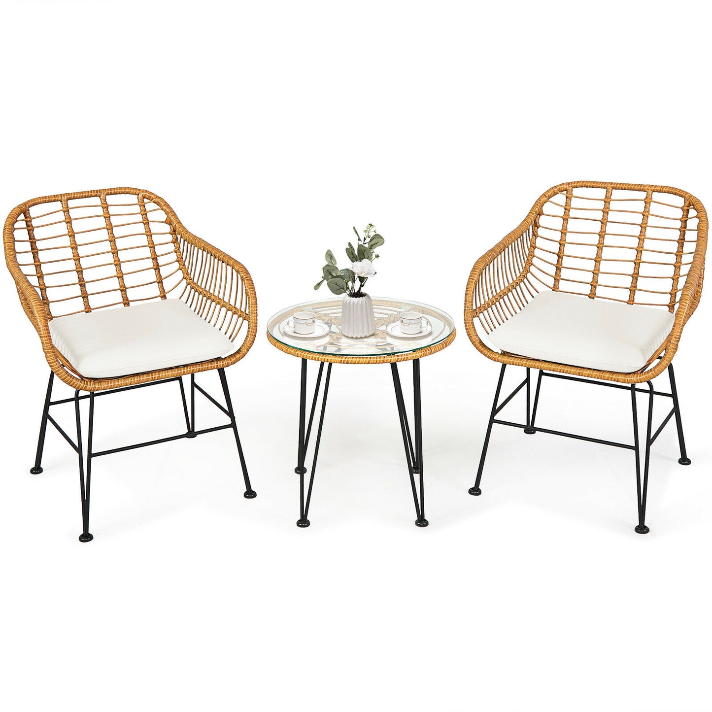 3-Piece Rattan Patio Conversation Set with Cushioned Chairs