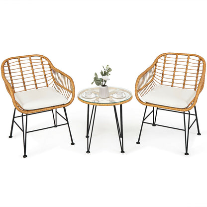 3-Piece Rattan Patio Conversation Set with Cushioned Chairs