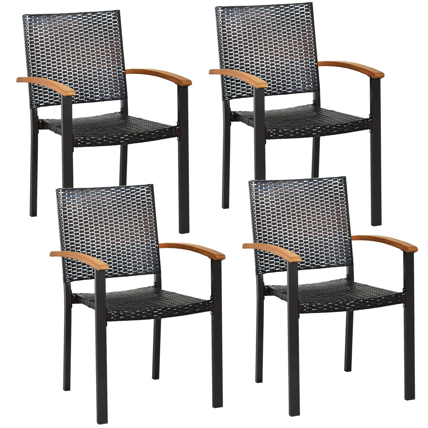 Outdoor Patio Dining Chairs Set of 4 with Rattan & Acacia Wood