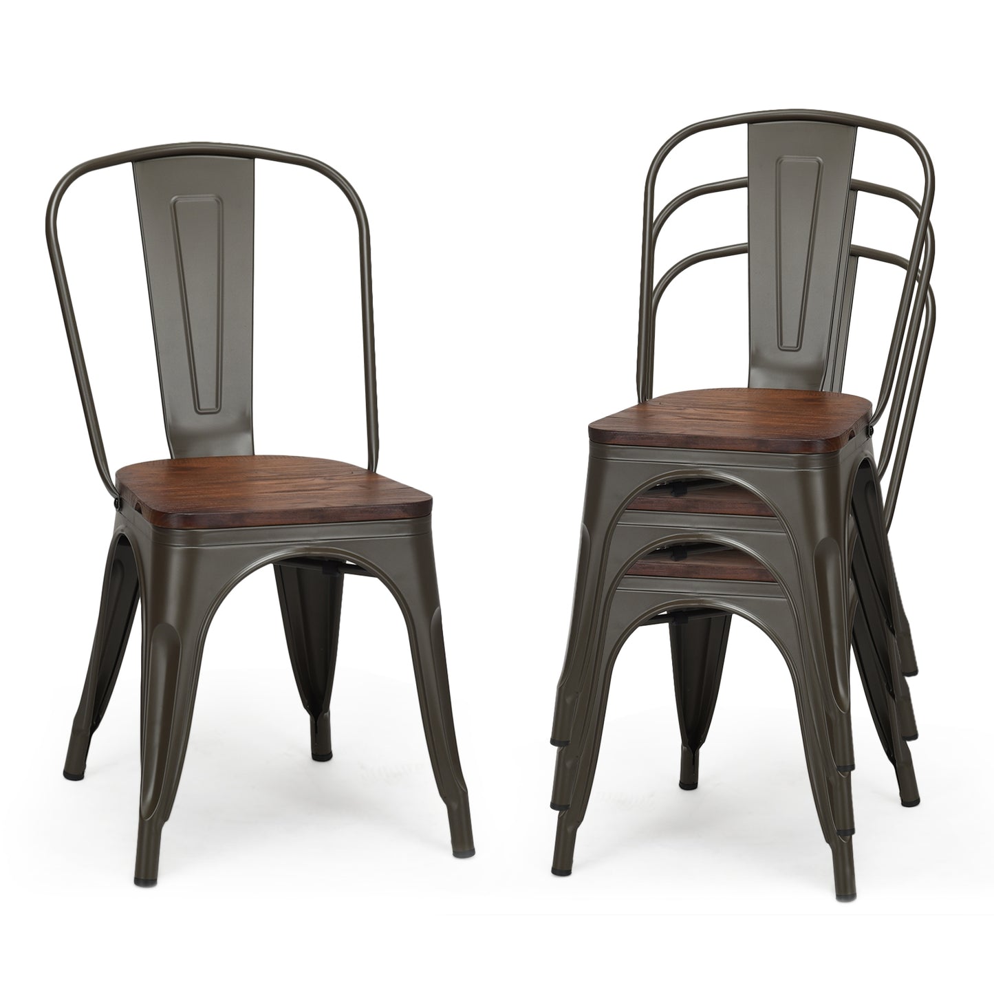 Stackable Metal Dining Chairs with Wood Seat, Set of 4