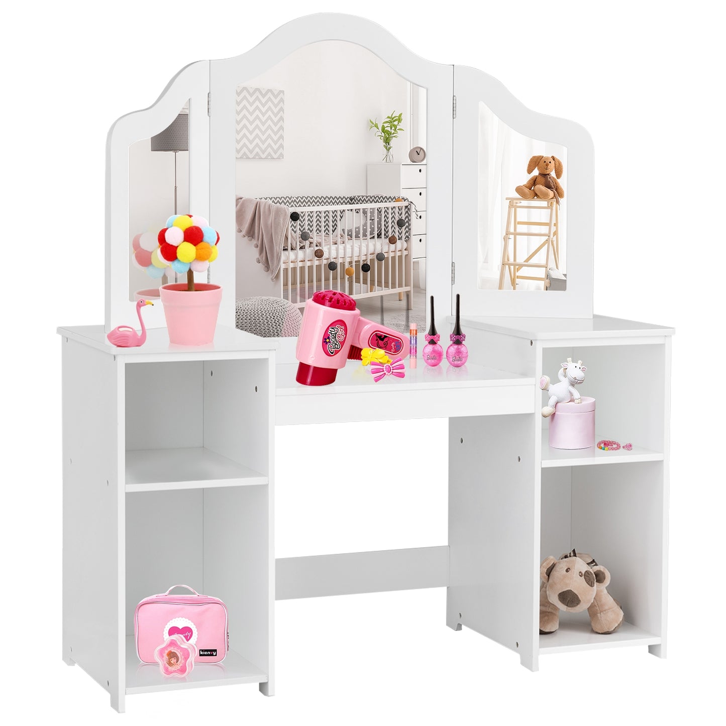 Kids Tri-Folding Mirror Vanity Table Set with Storage