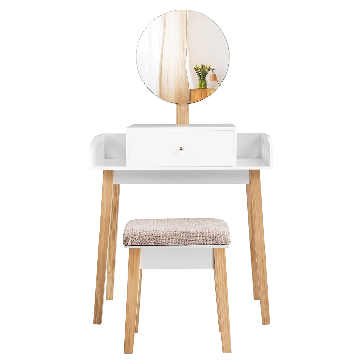 Makeup Vanity Table Set with Round Mirror and Cushioned Stool
