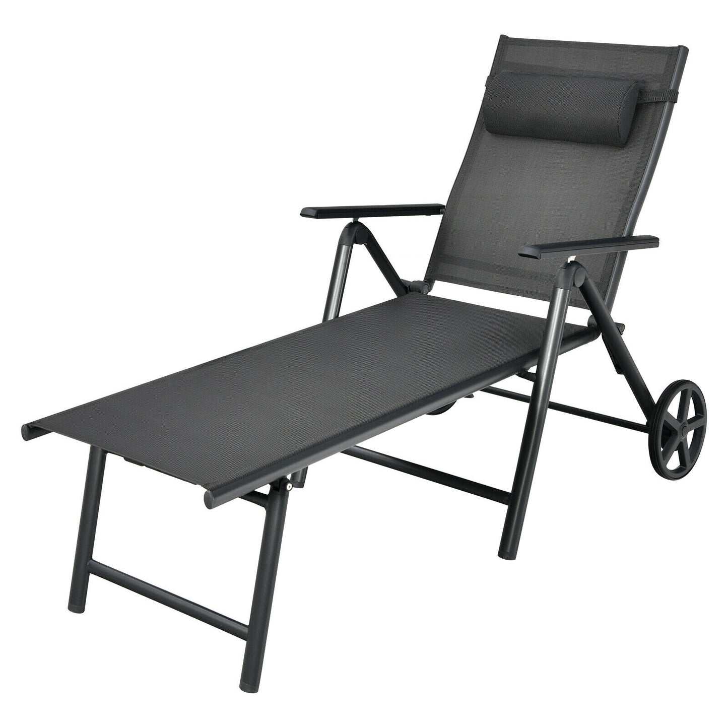 Adjustable Patio Lounge Chair with Wheels and Neck Pillow