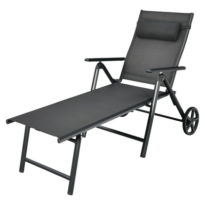 Adjustable Patio Lounge Chair with Wheels and Neck Pillow