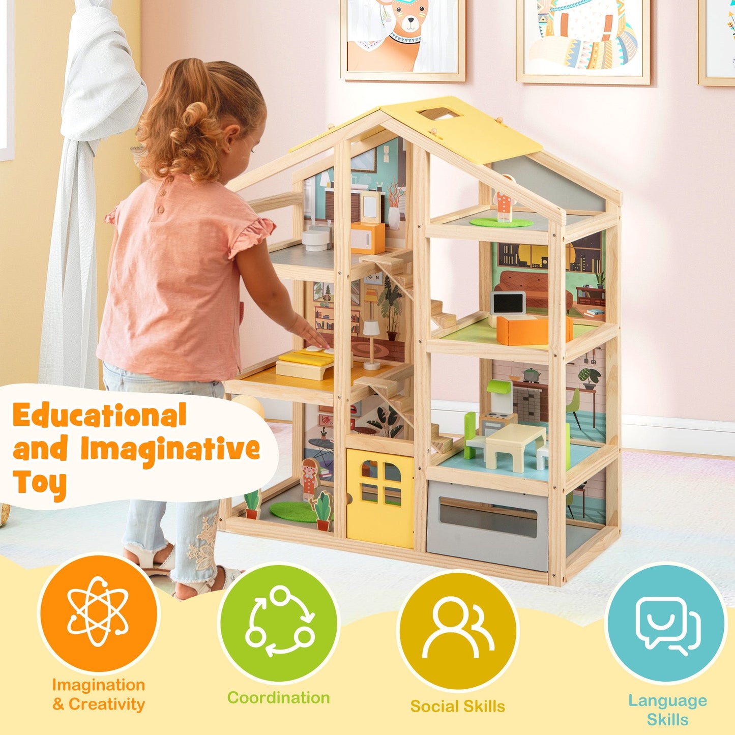 Wooden Dollhouse for Kids Modern Family Pretend Playhouse with Furniture Pieces and Figures-Natural