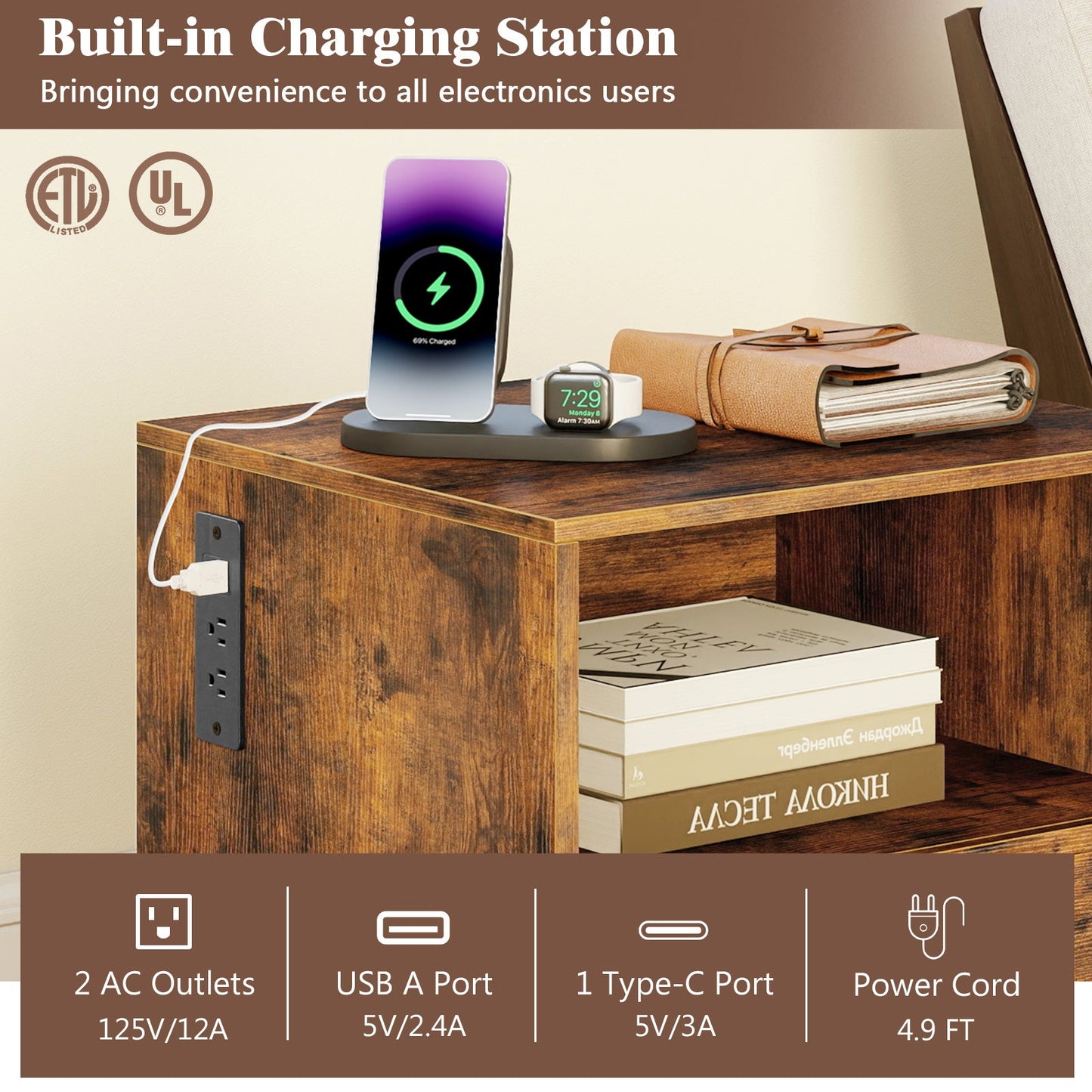 Nightstand with Charging Station and Drawer Sofa Side Table-Rustic Brown