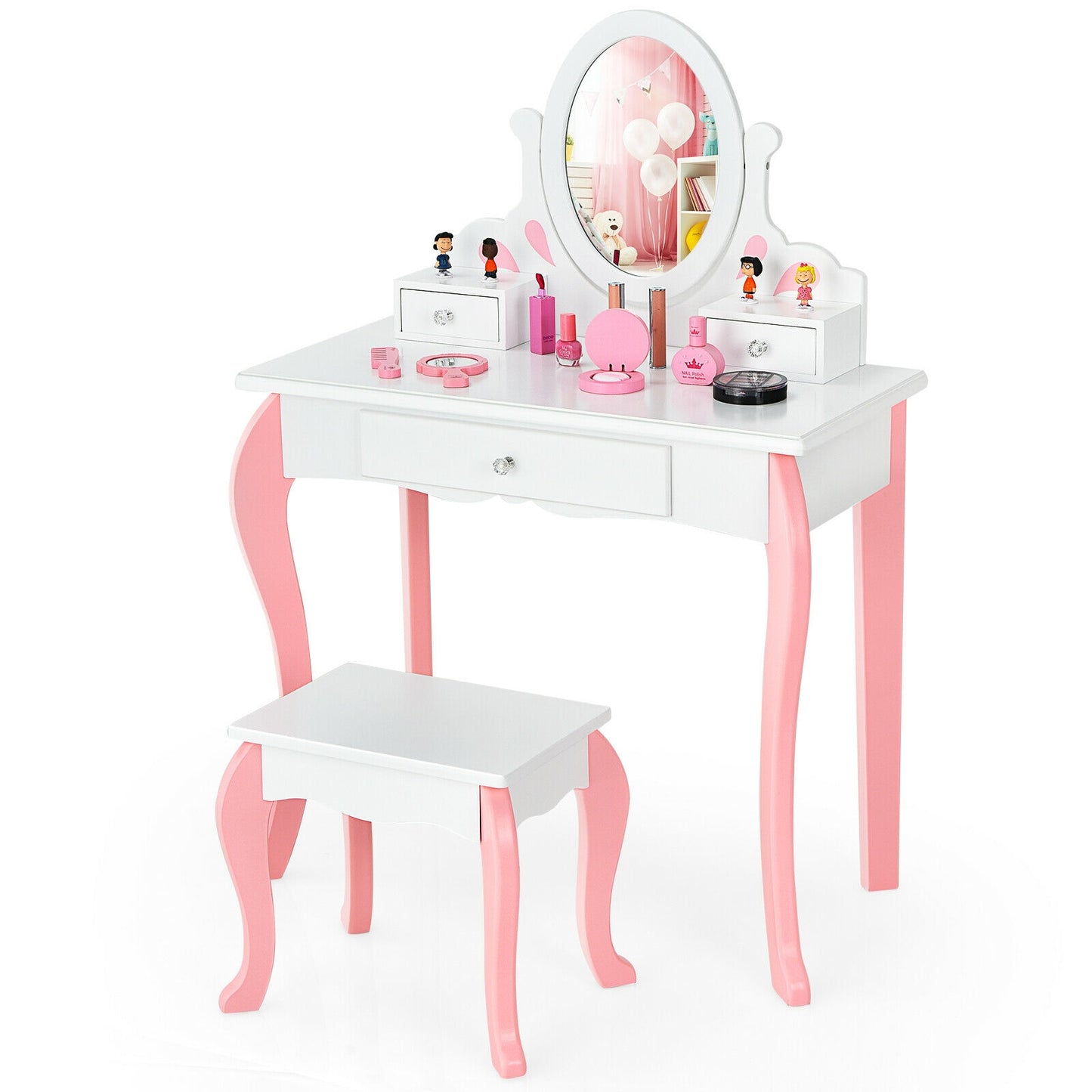Kids Vanity Table Set with Mirror, Drawer & Stool - Pink
