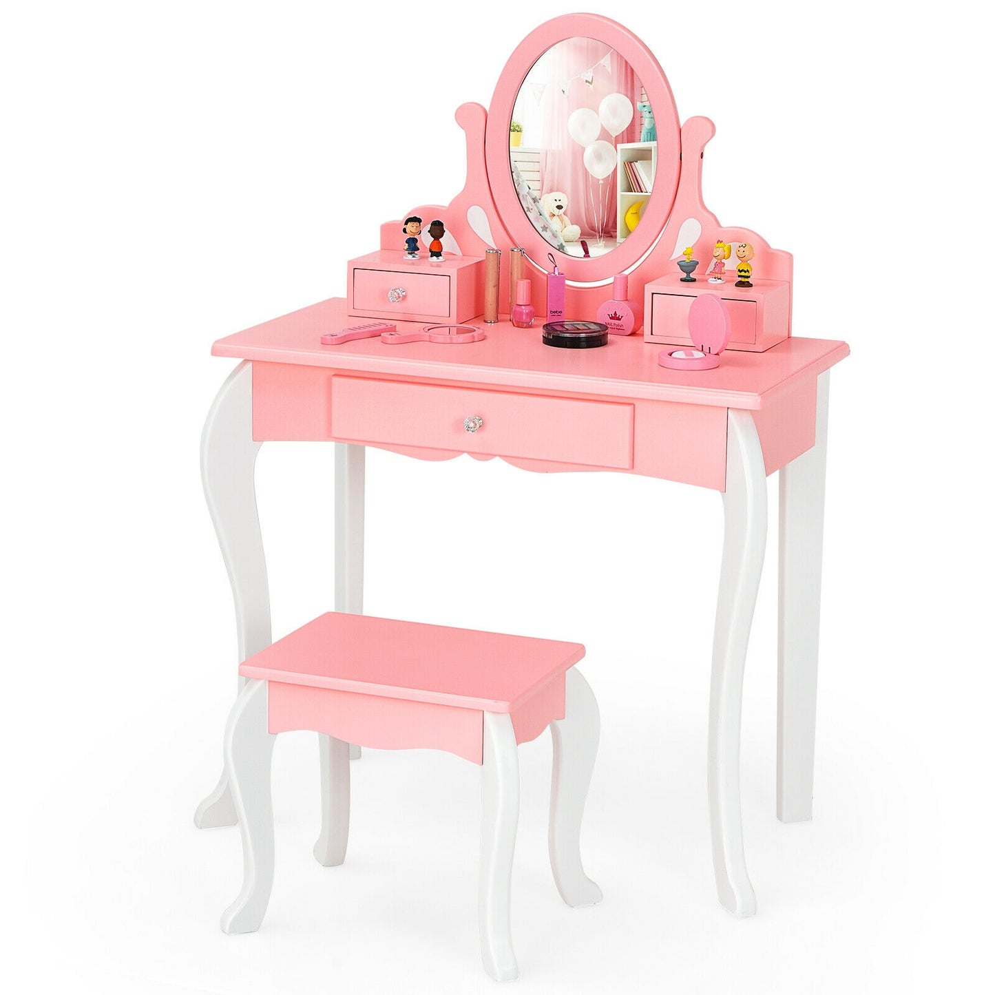 Kids Vanity Table Set with Mirror, Drawer & Stool - Pink
