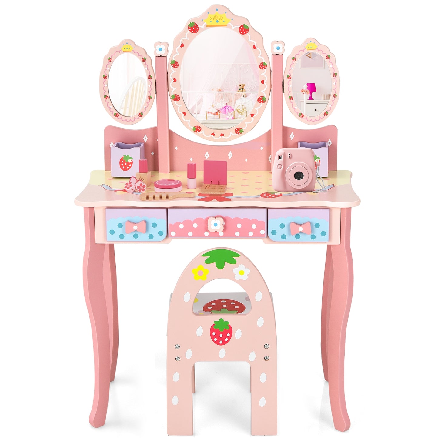 Kids Vanity Table Set with Tri-Fold Mirror and Chair