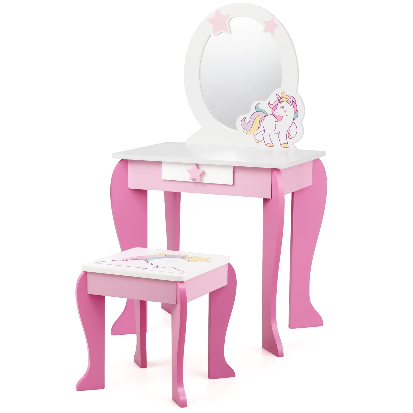Kids Wooden Vanity Table and Chair Set with Mirror and Drawer