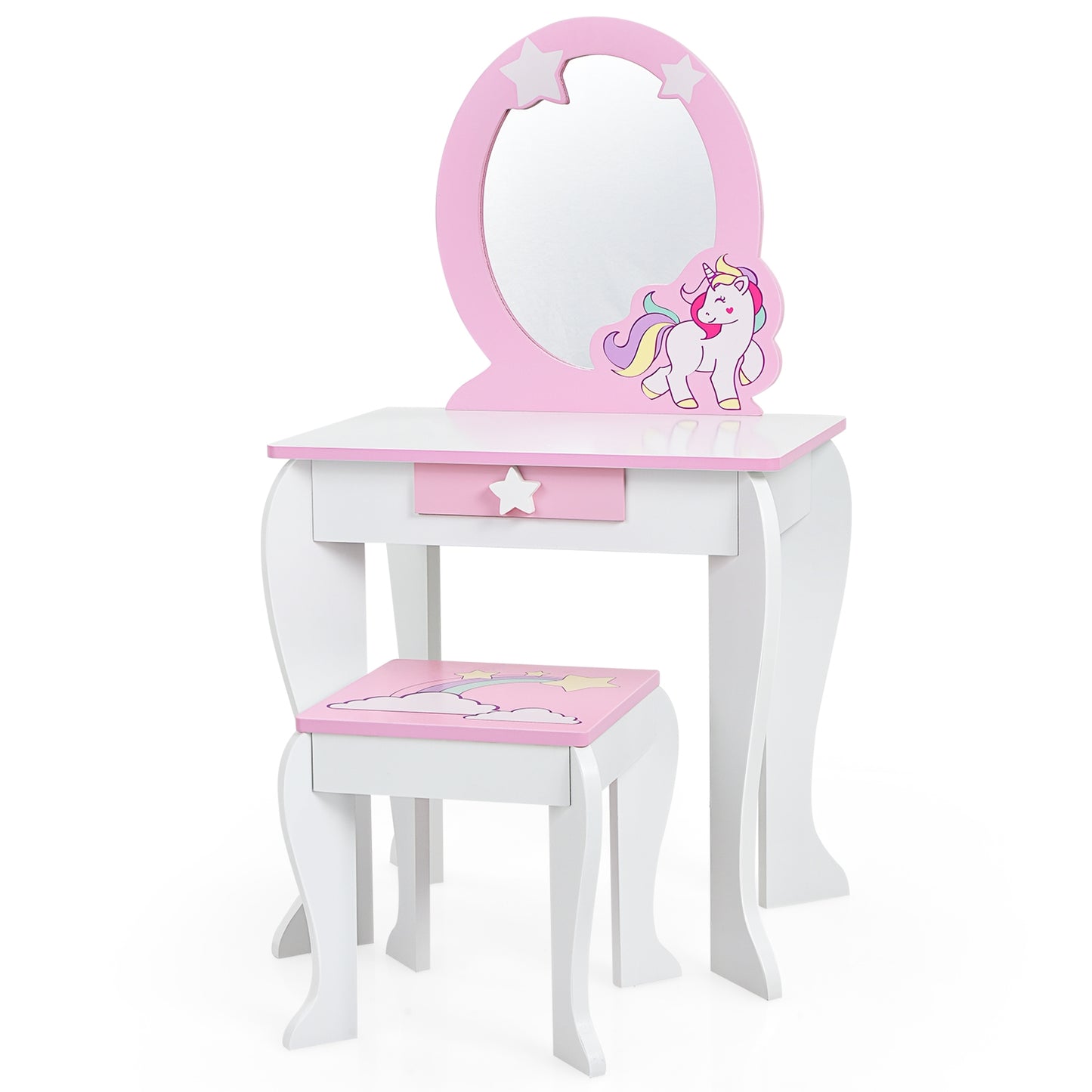 Kids Wooden Vanity Table and Chair Set with Mirror and Drawer