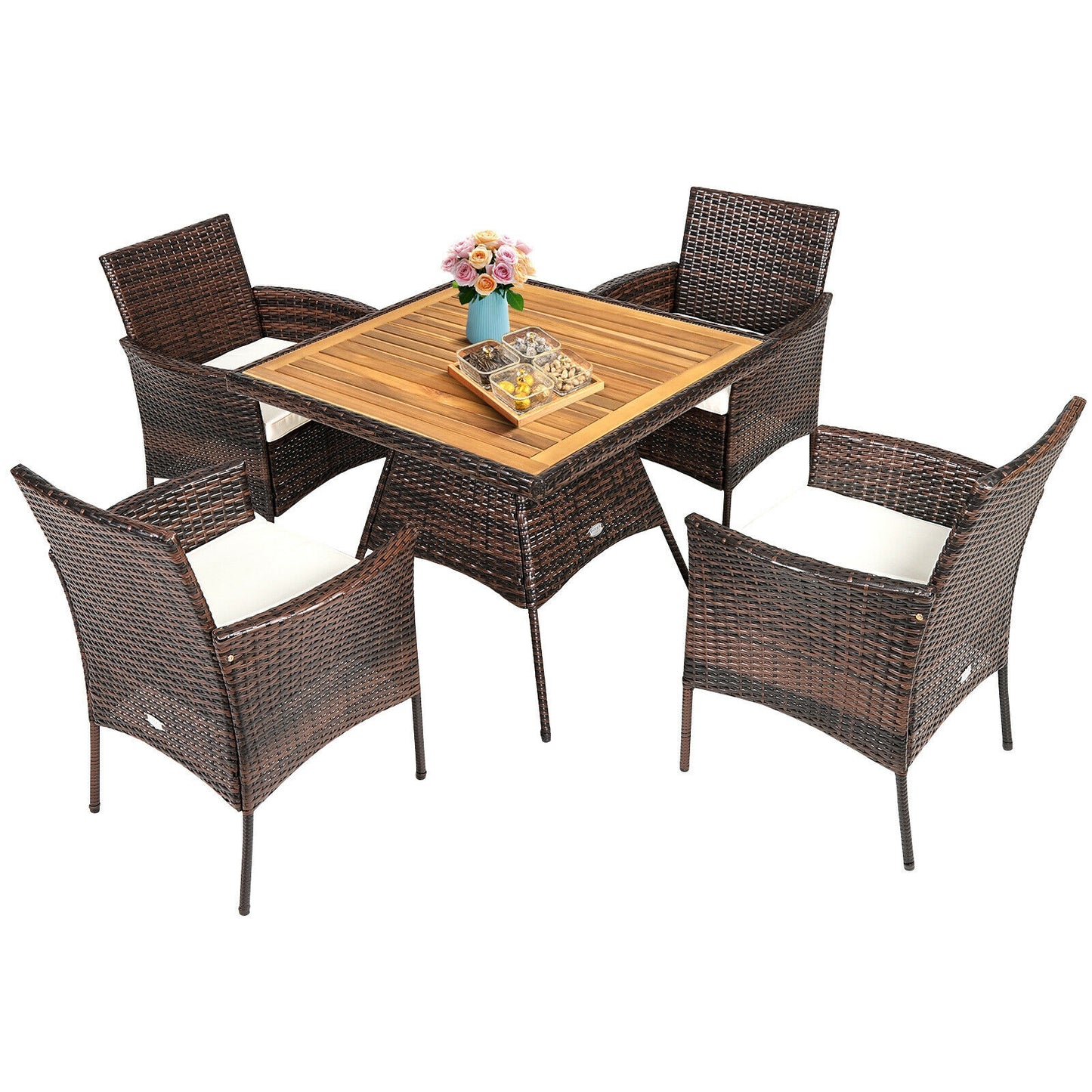5-Piece Patio Dining Set with Rattan Chairs & Wood Table