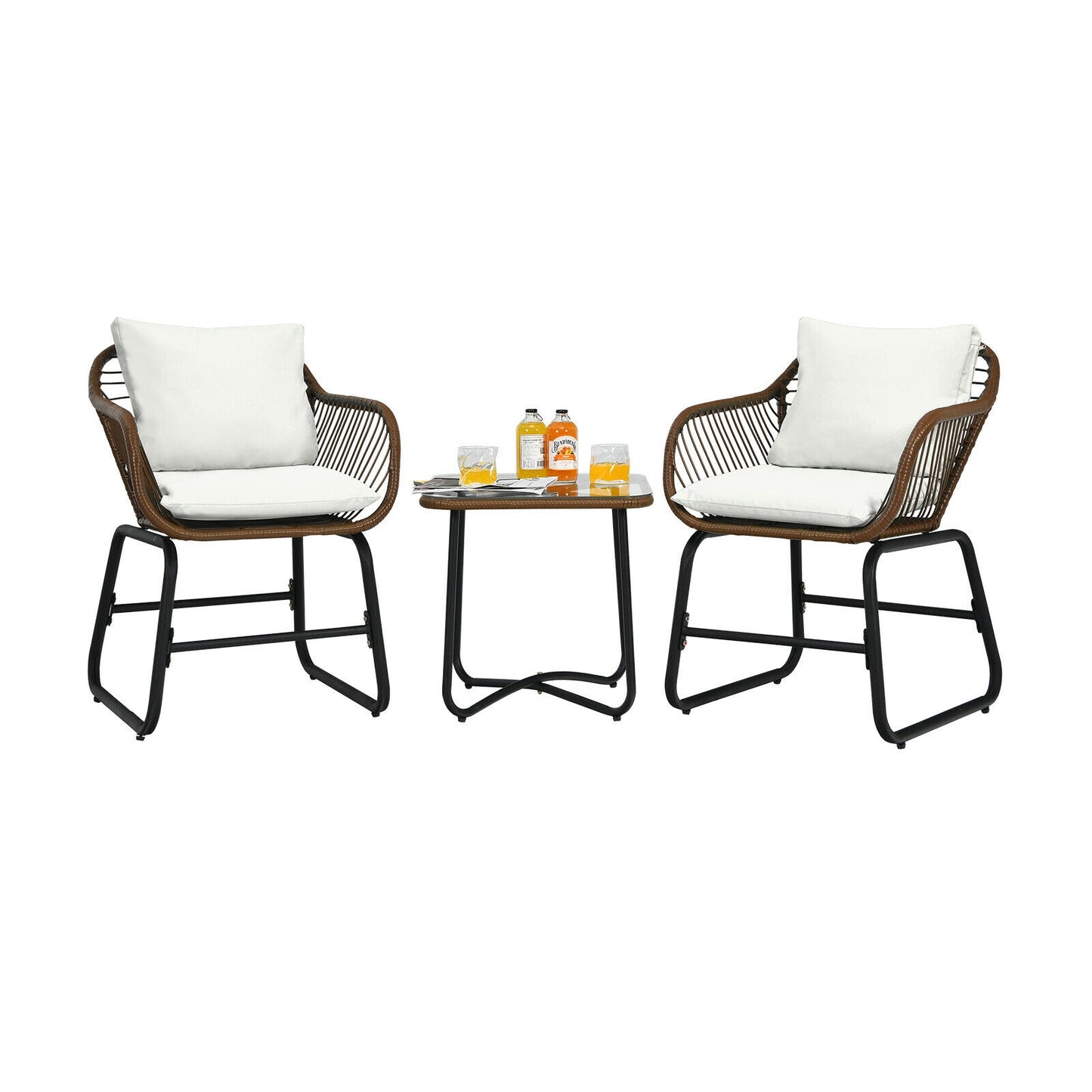 3-Piece Rattan Bistro Set with Cushioned Chairs & Glass Table