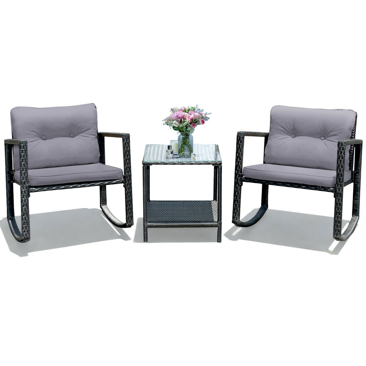 3-Piece Patio Rocking Chair Set with Cushions & Glass Table