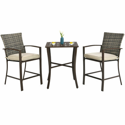3 Pieces Rattan Bar Furniture Set with Slat Table and 2 Cushioned Stools