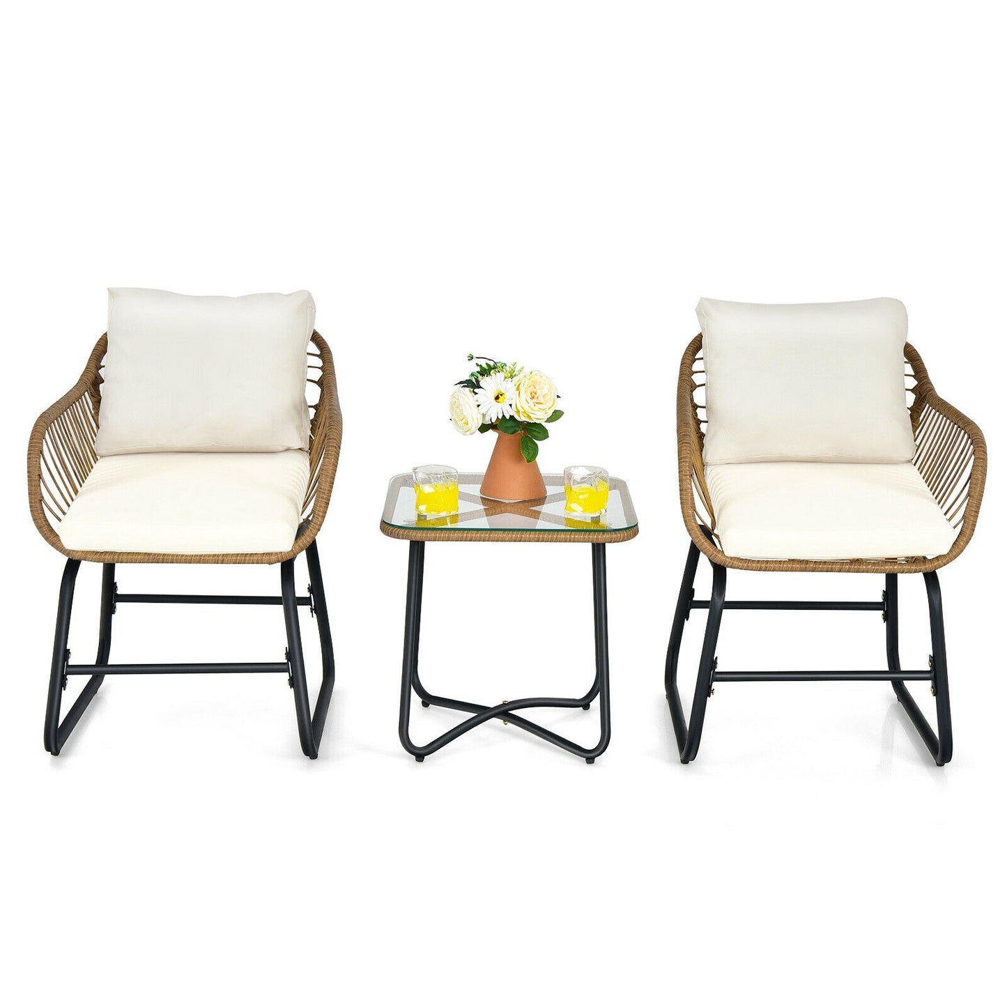 3-Piece Patio Bistro Set with Rattan Chairs & Glass Table