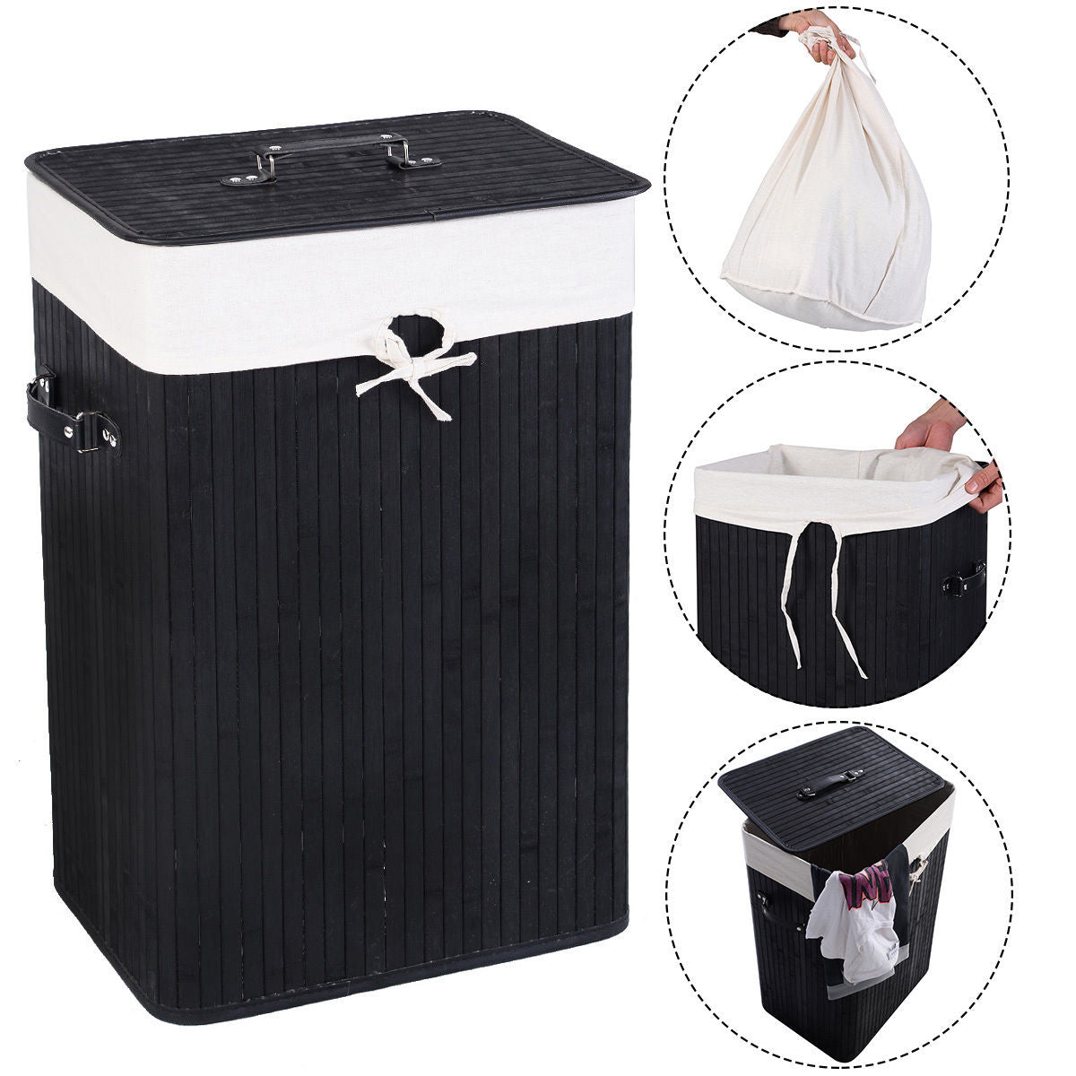 19 Gal Rectangle Laundry Basket Bamboo Clothes Hamper with Handles and Lid