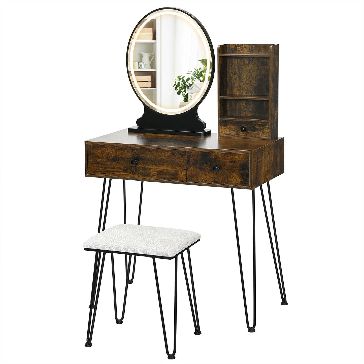 Vanity Table Set with Lighted Mirror and Cushioned Stool