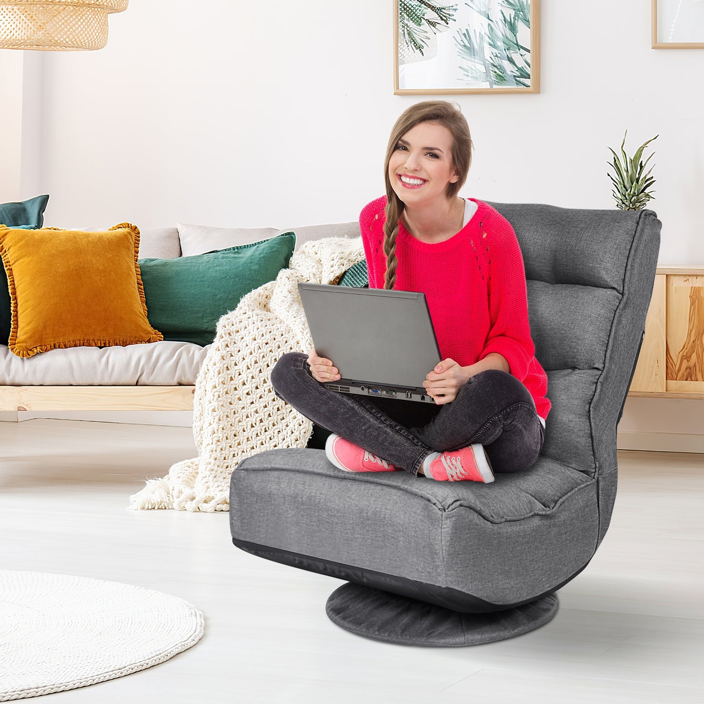Folding Floor Gaming Chair with 360° Swivel Base