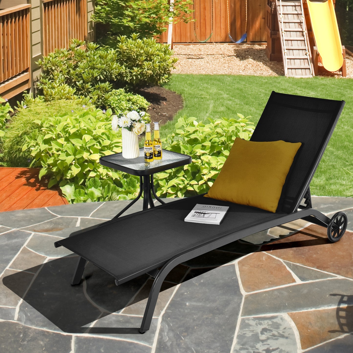 Adjustable Outdoor Chaise Lounge with Wheels - 6 Positions