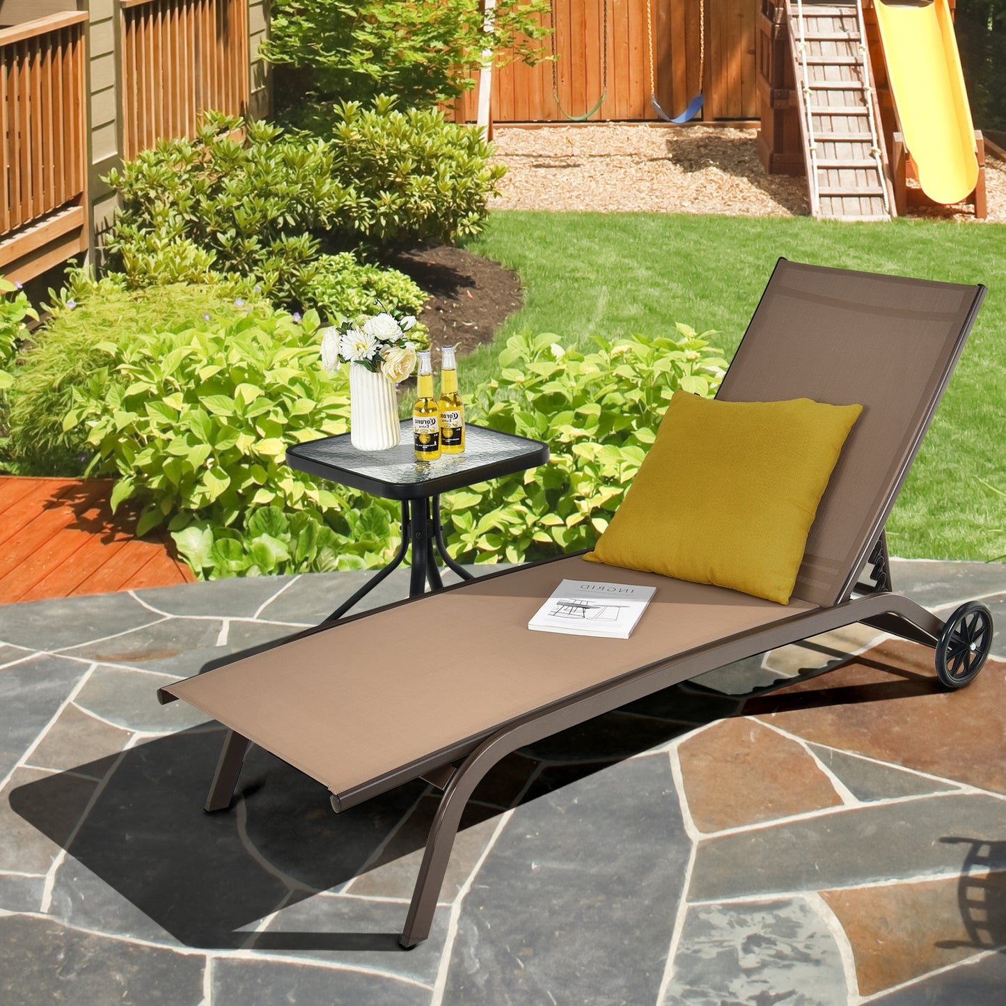 Adjustable Outdoor Chaise Lounge with Wheels - 6 Positions