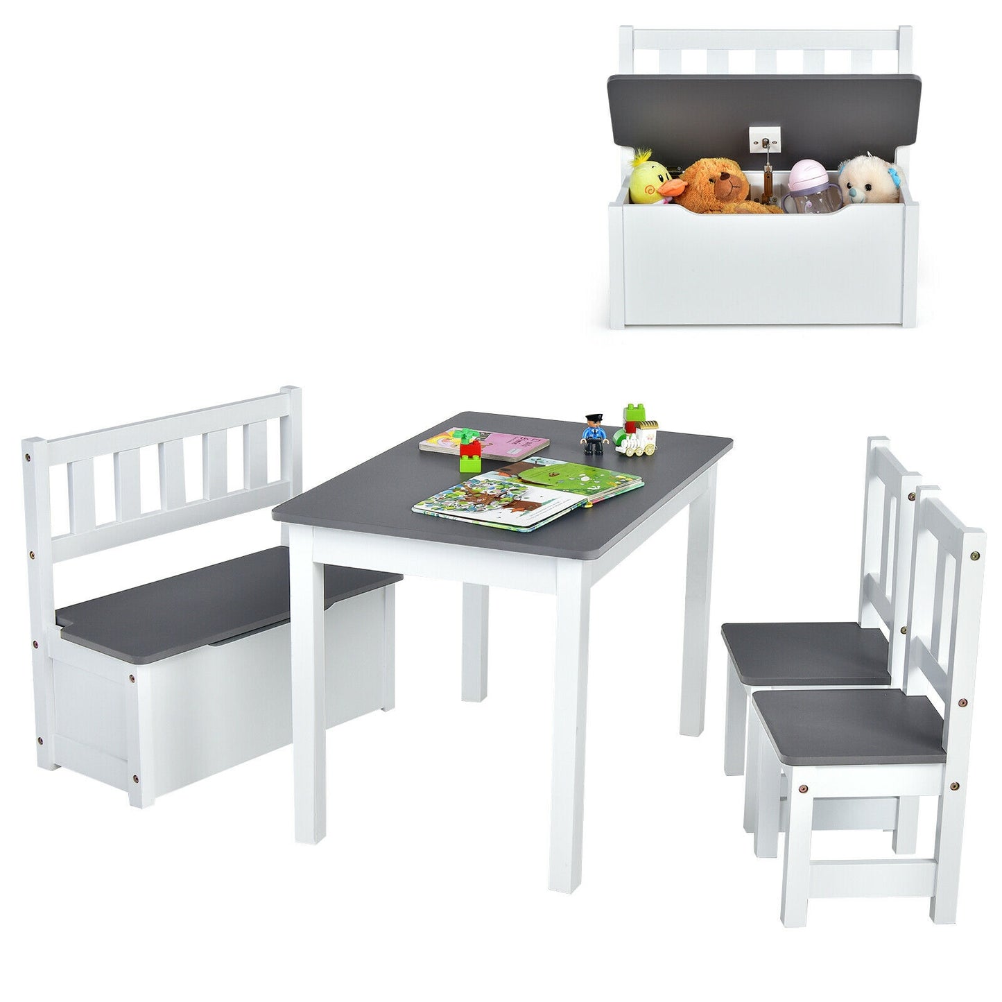 Kids Wooden Activity Table and Chairs Set with Storage Bench