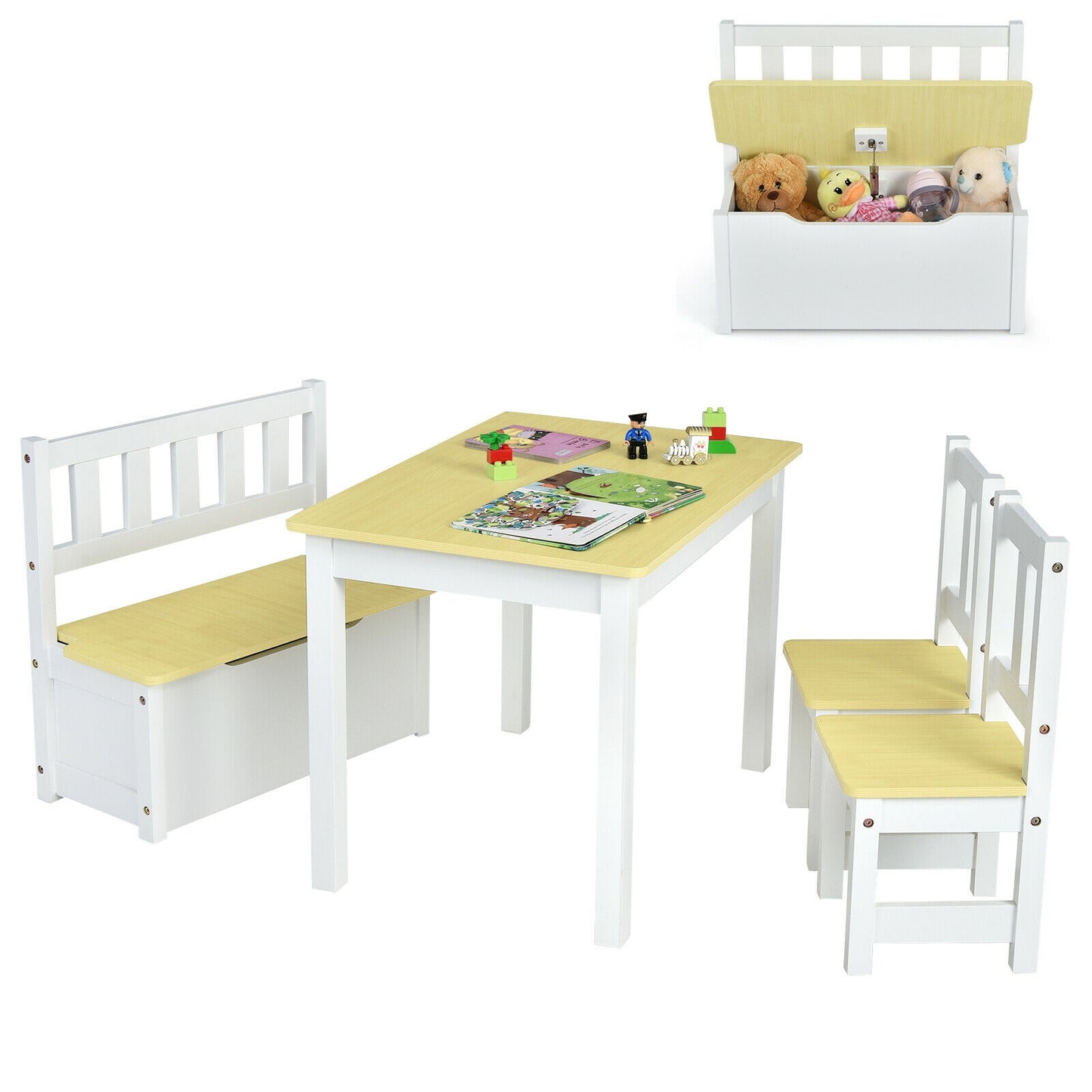Kids Wooden Activity Table and Chairs Set with Storage Bench
