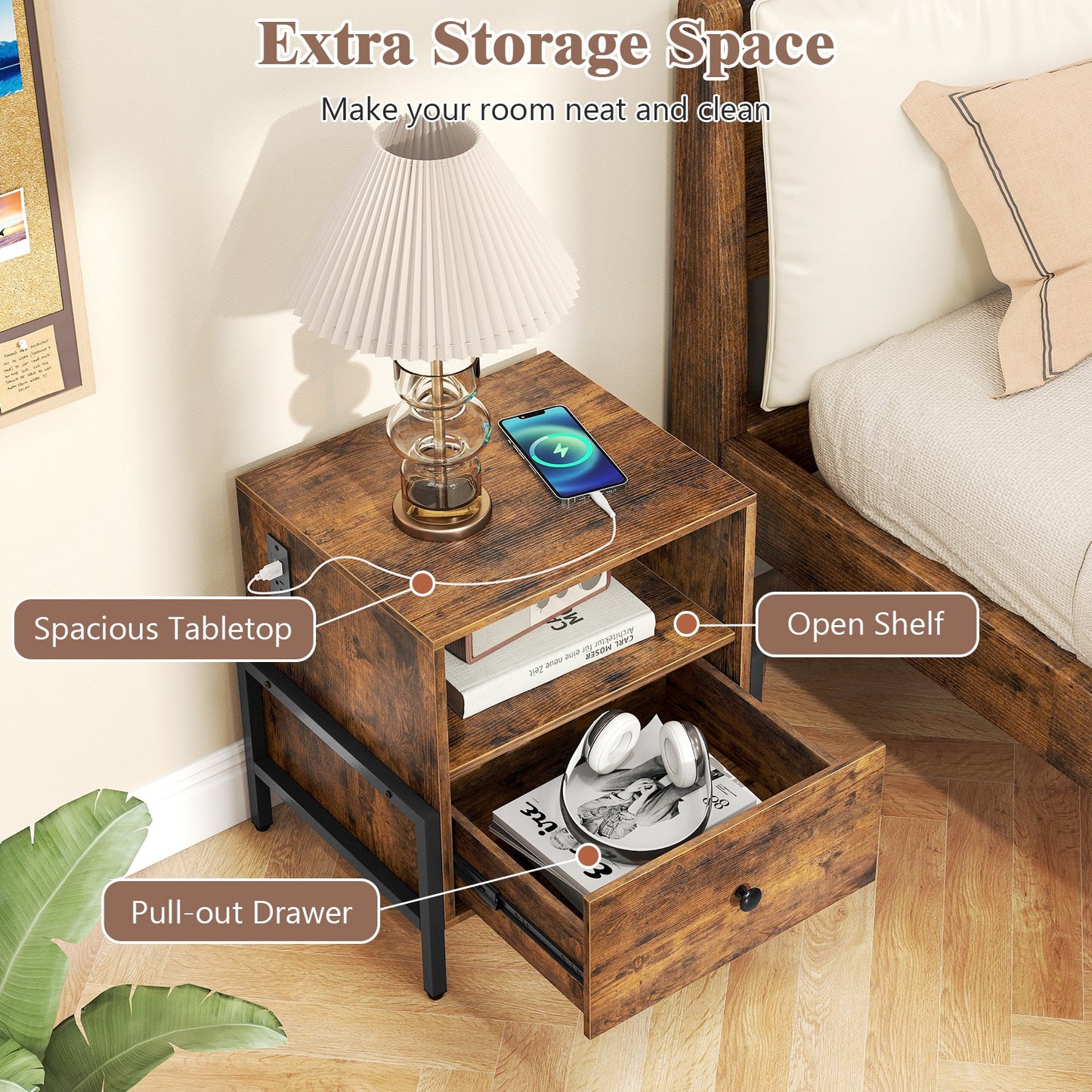 Nightstand with Charging Station and Drawer Sofa Side Table-Rustic Brown