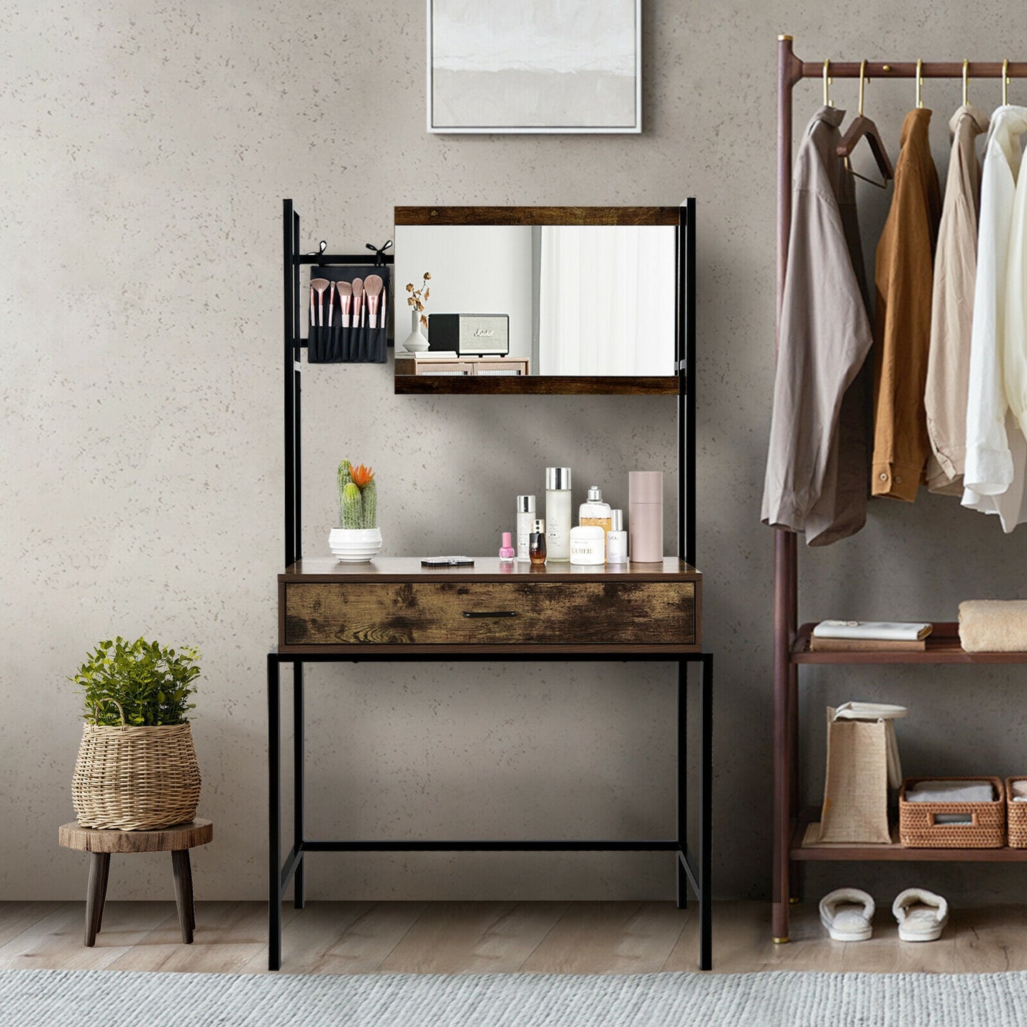 Industrial Vanity Table with 3-Height Adjustable Mirror
