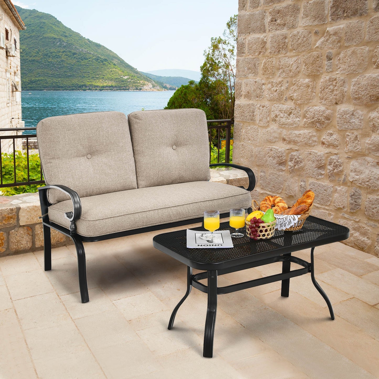 2-Piece Patio Loveseat Set with Cushions and Coffee Table