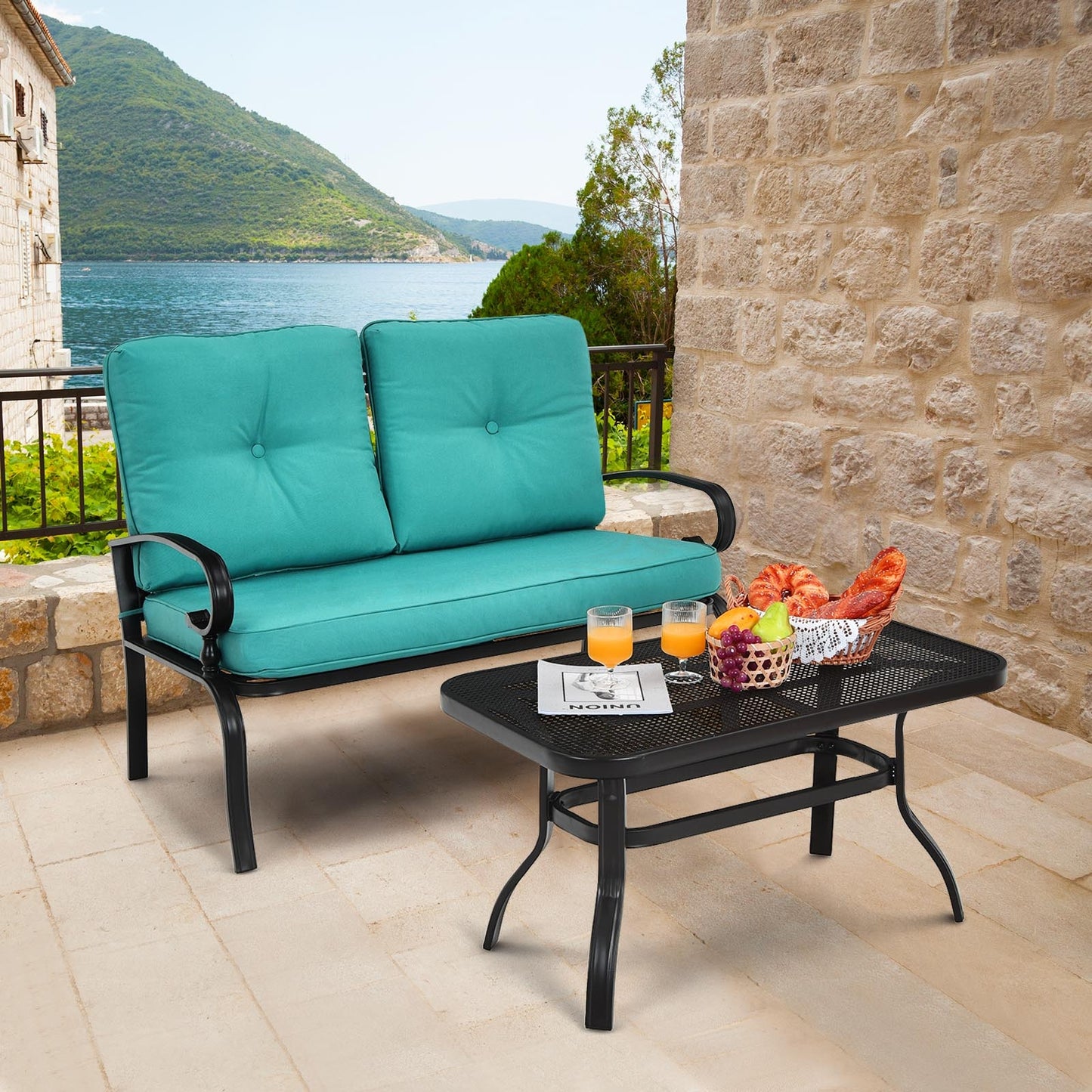 2-Piece Patio Loveseat Set with Cushions and Coffee Table