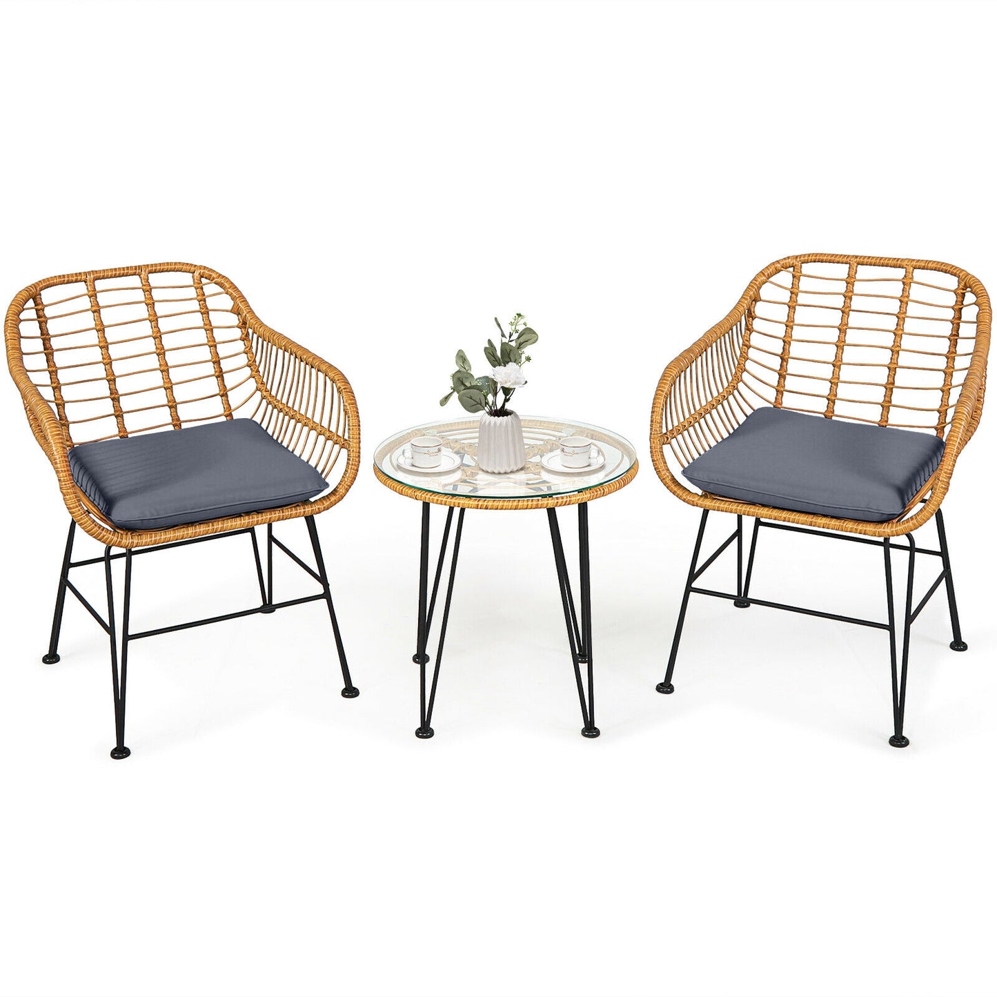 3-Piece Rattan Patio Conversation Set with Cushioned Chairs