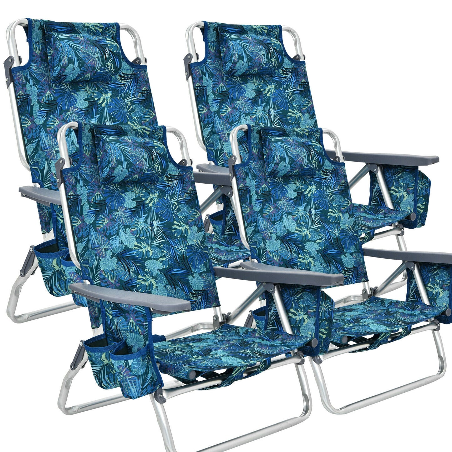 Folding Beach Chair 4-Pack with Adjustable Backrest & Pillow