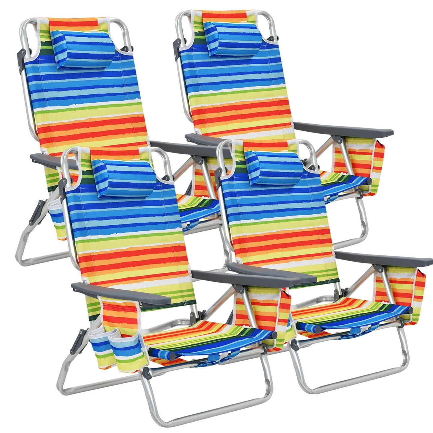 Folding Beach Chair 4-Pack with Adjustable Backrest & Pillow