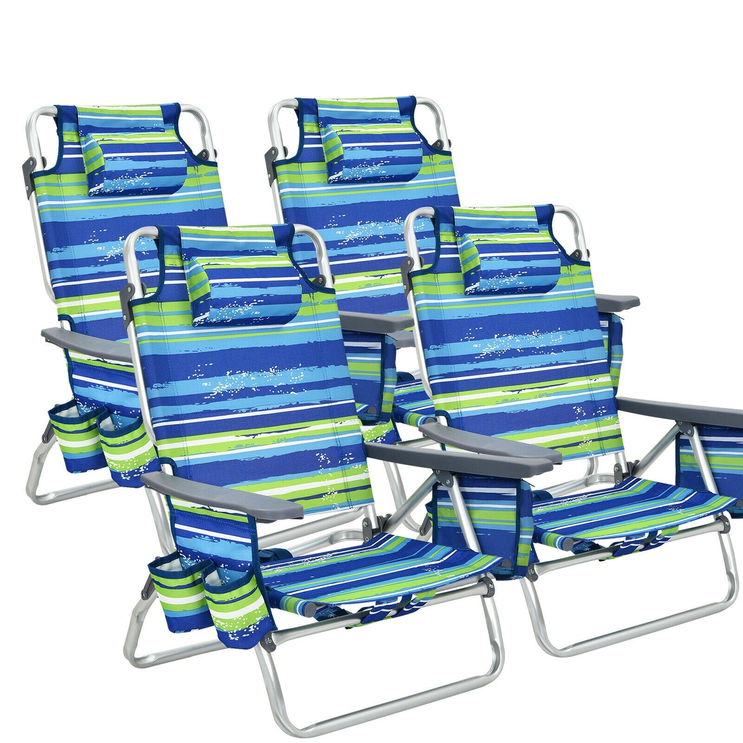 Folding Beach Chair 4-Pack with Adjustable Backrest & Pillow