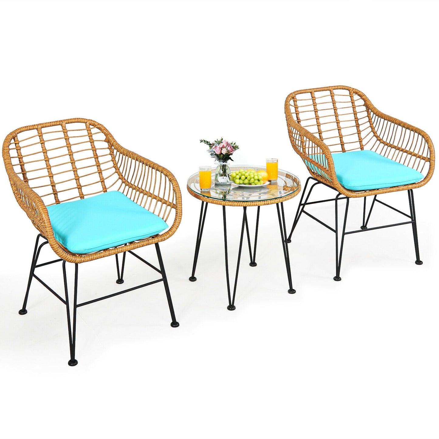 3-Piece Rattan Patio Conversation Set with Cushioned Chairs