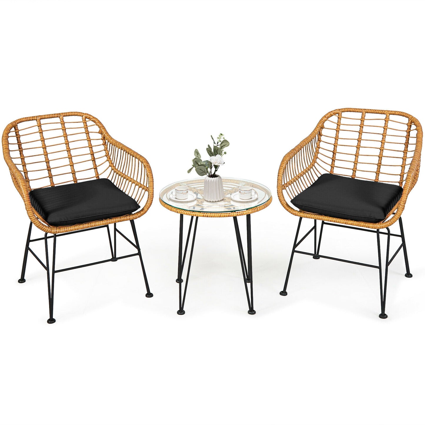 3-Piece Rattan Patio Conversation Set with Cushioned Chairs