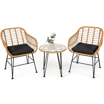 3-Piece Rattan Patio Conversation Set with Cushioned Chairs