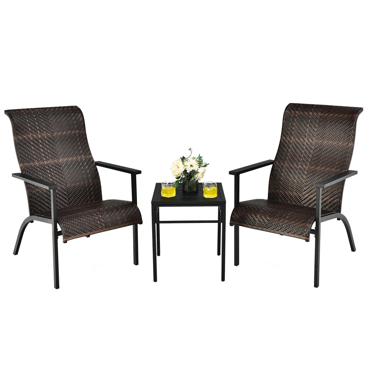 3 Pieces Patio Rattan Bistro Set with High Backrest and Armrest