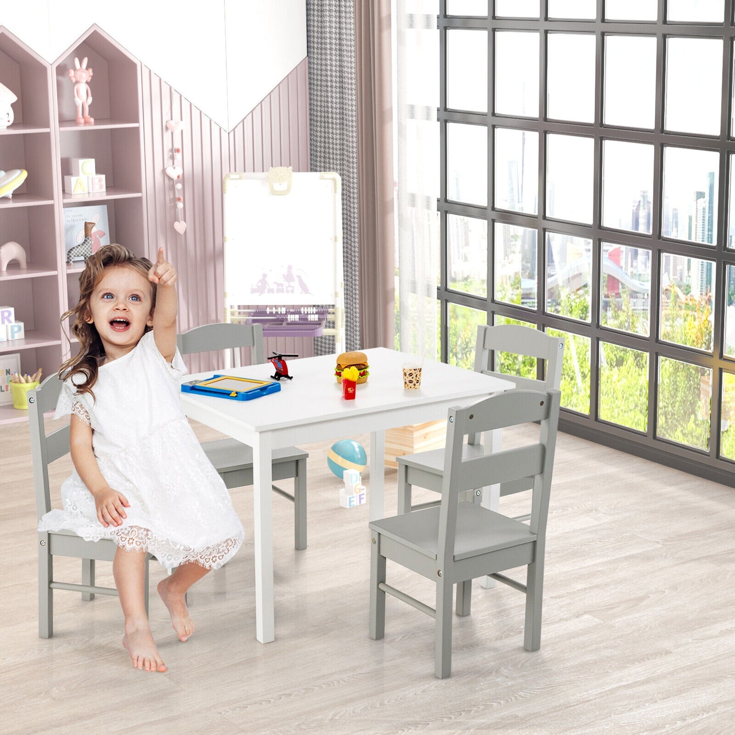 Kids Table and Chair Set - 5 Piece Pine Wood